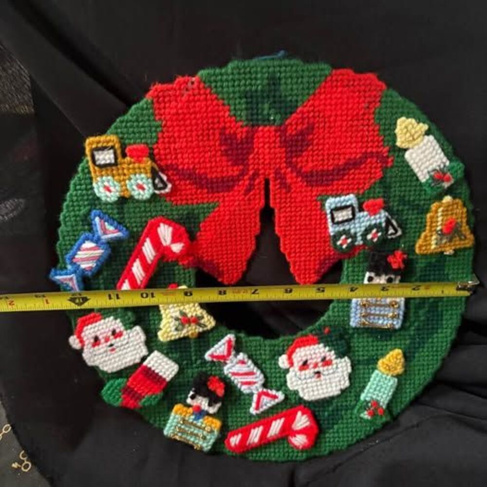 Vintage Needlepoint Christmas Wreath Plastic Canvas grandma core